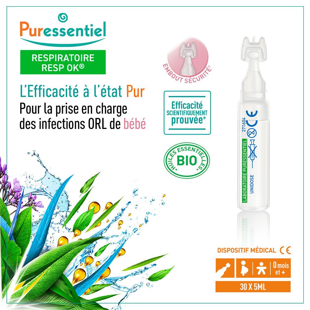 PURESSENTIEL RESPIRATOIRE Resp OK. Unidose. Dispositif médical. 30x5ml. Effet eau. Certification bio. Efficacité prouvée.