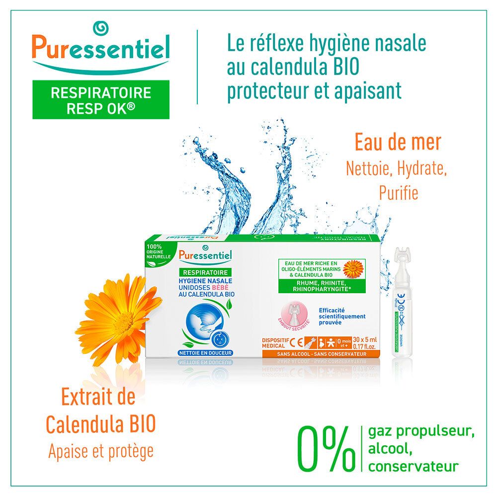 PURESSENTIEL RESPIRATOIRE Resp OK. Boîte et unidose. Calendula. Dispositif médical. 0% gaz, alcool, conservateur.