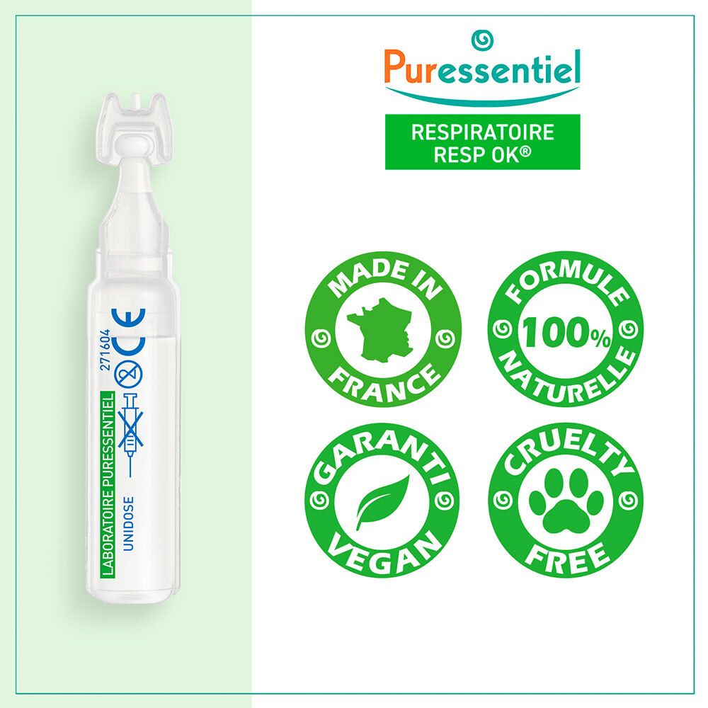 Unidose. PURESSENTIEL. Fabriqué en France. 100% naturel. Vegan. Cruelty Free. Dispositif médical. 0 mois et +.