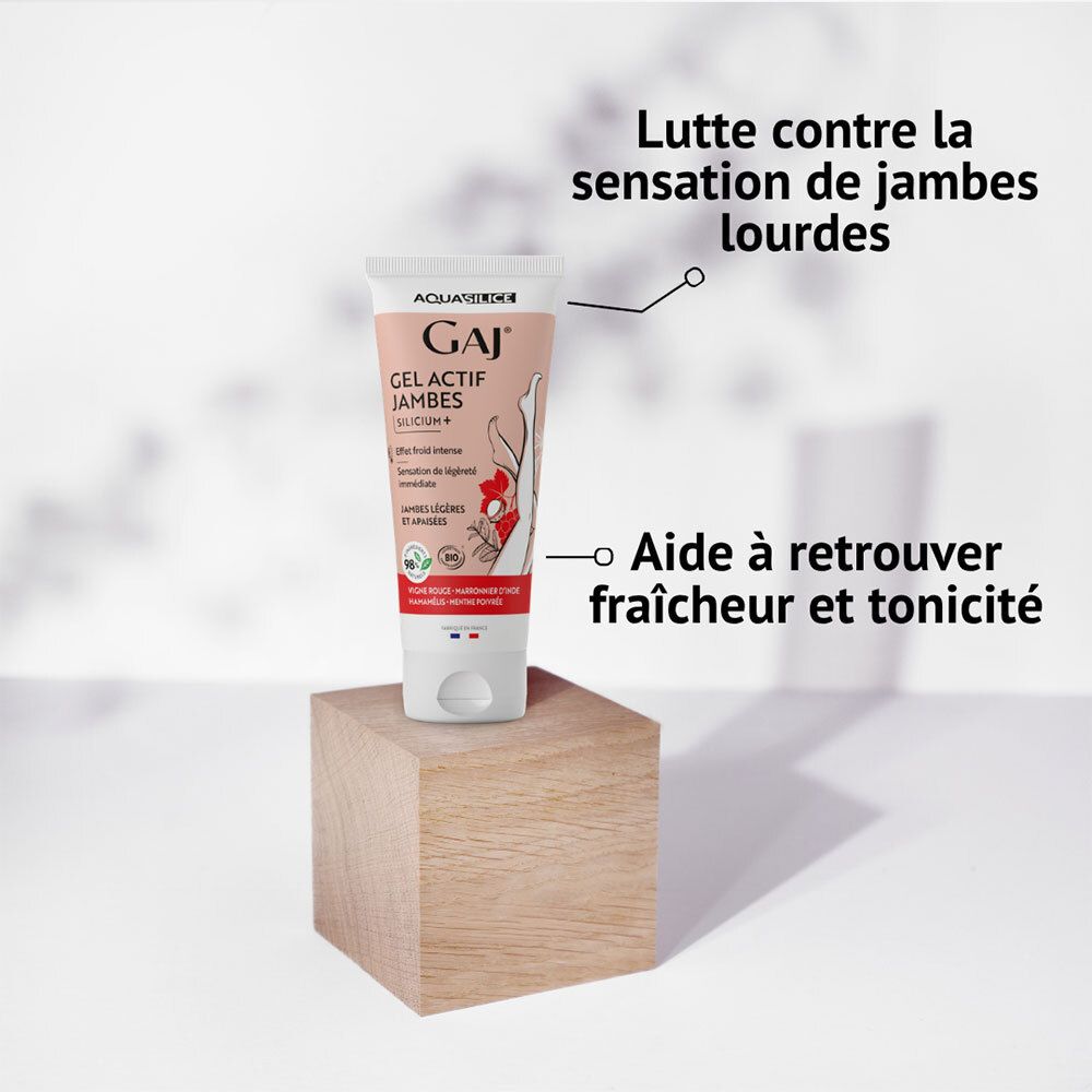 Tube Aquasilice GAJ Gel Actif Jambes sur bloc en bois. Texte français sur les jambes lourdes et la fraîcheur.