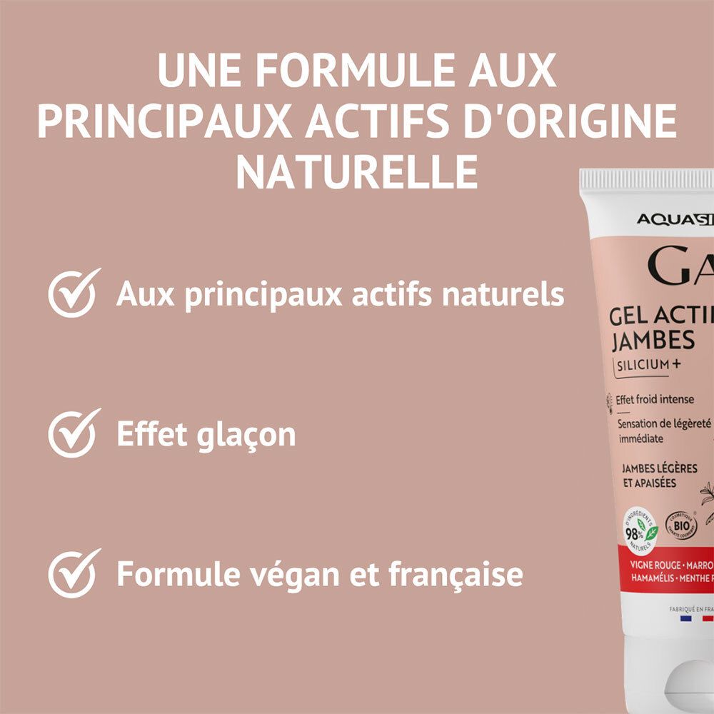 Tube Aquasilice GAJ Gel Actif Jambes. Texte français sur ingrédients naturels, effet glaçon et formule végane.