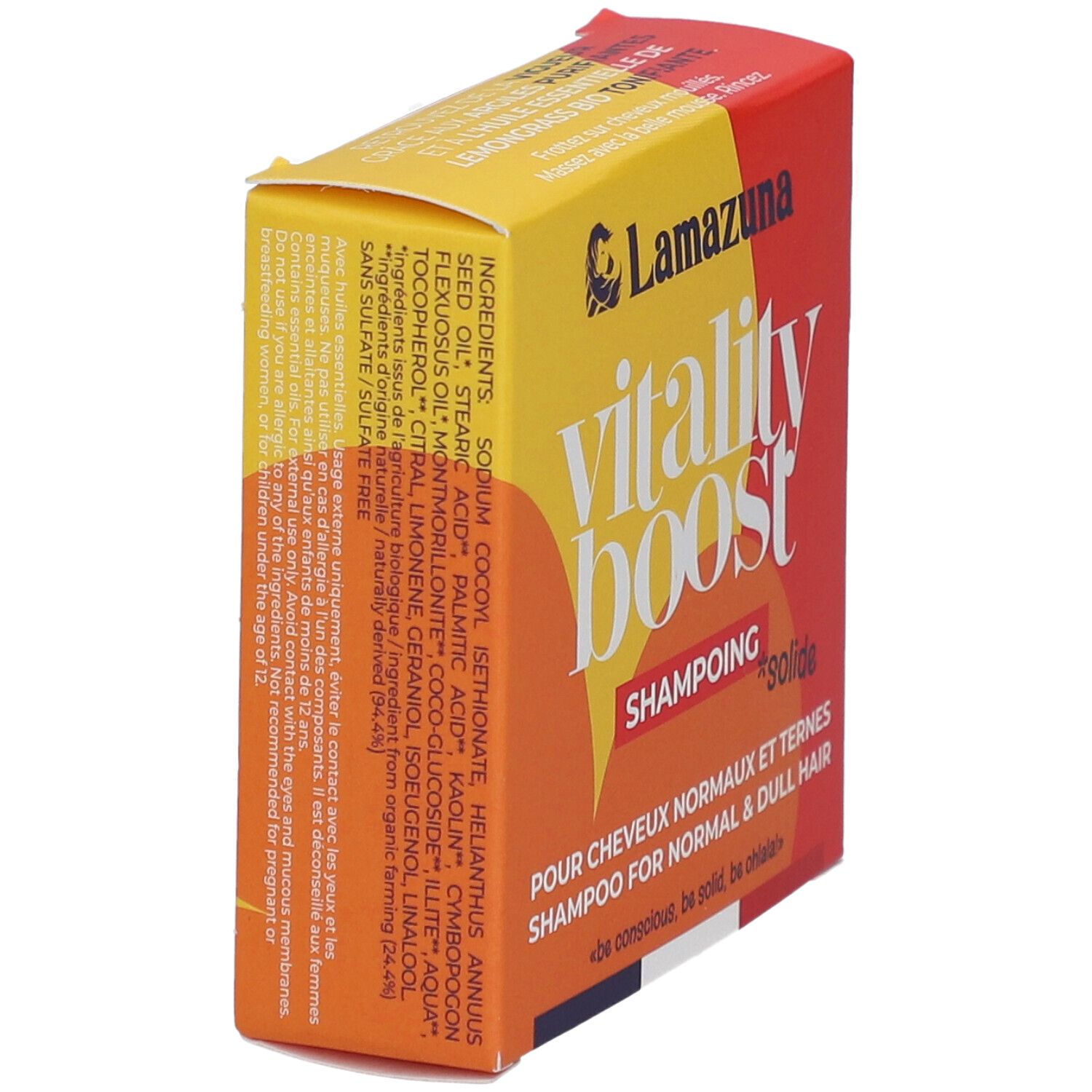 Boîte jaune et rouge. Inscription : vitality boost, Shampoing solide. Pour cheveux normaux et ternes. Ingrédients.