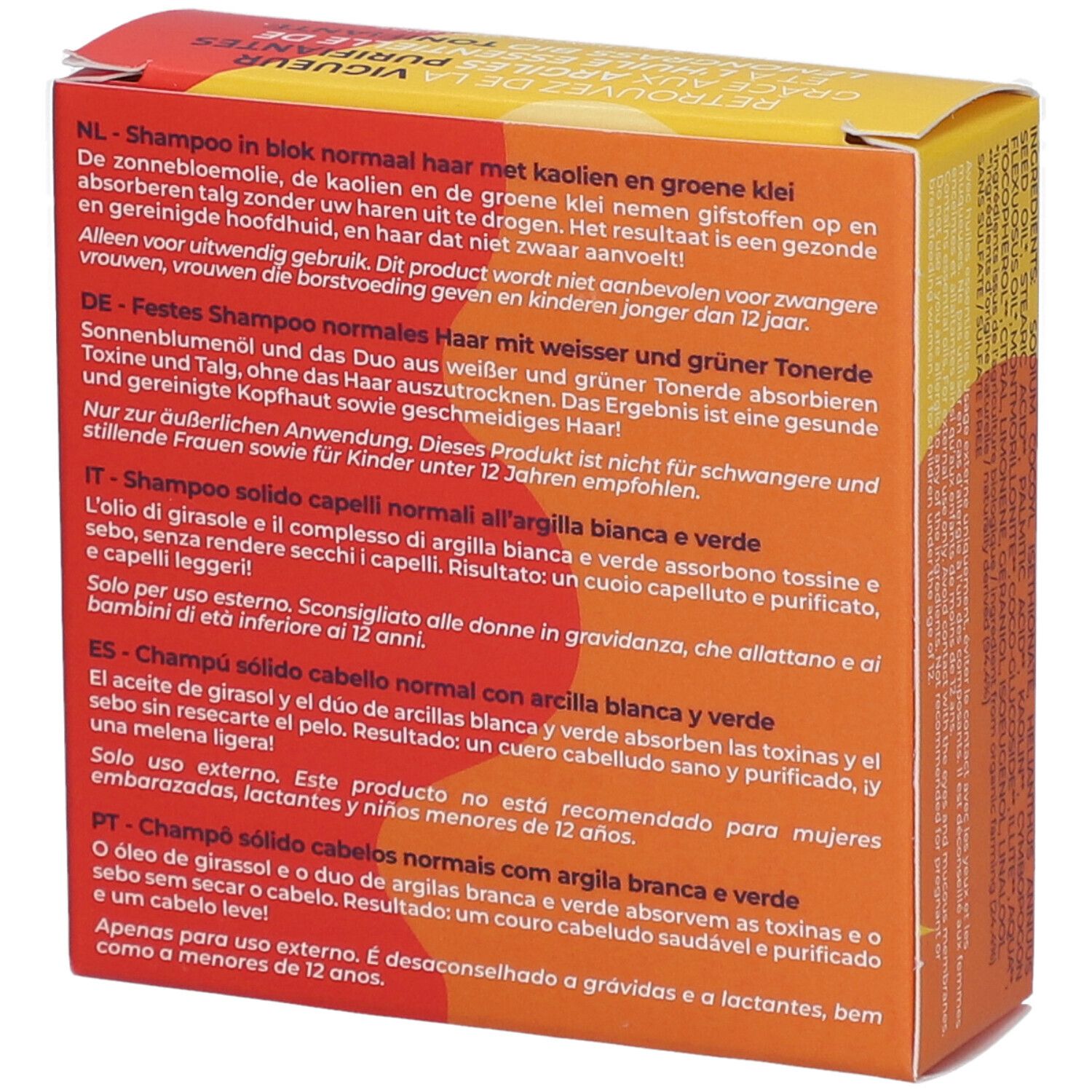 Dos de la boîte jaune et rouge. Texte en allemand, néerlandais, italien, espagnol et portugais. Informations sur le produit.