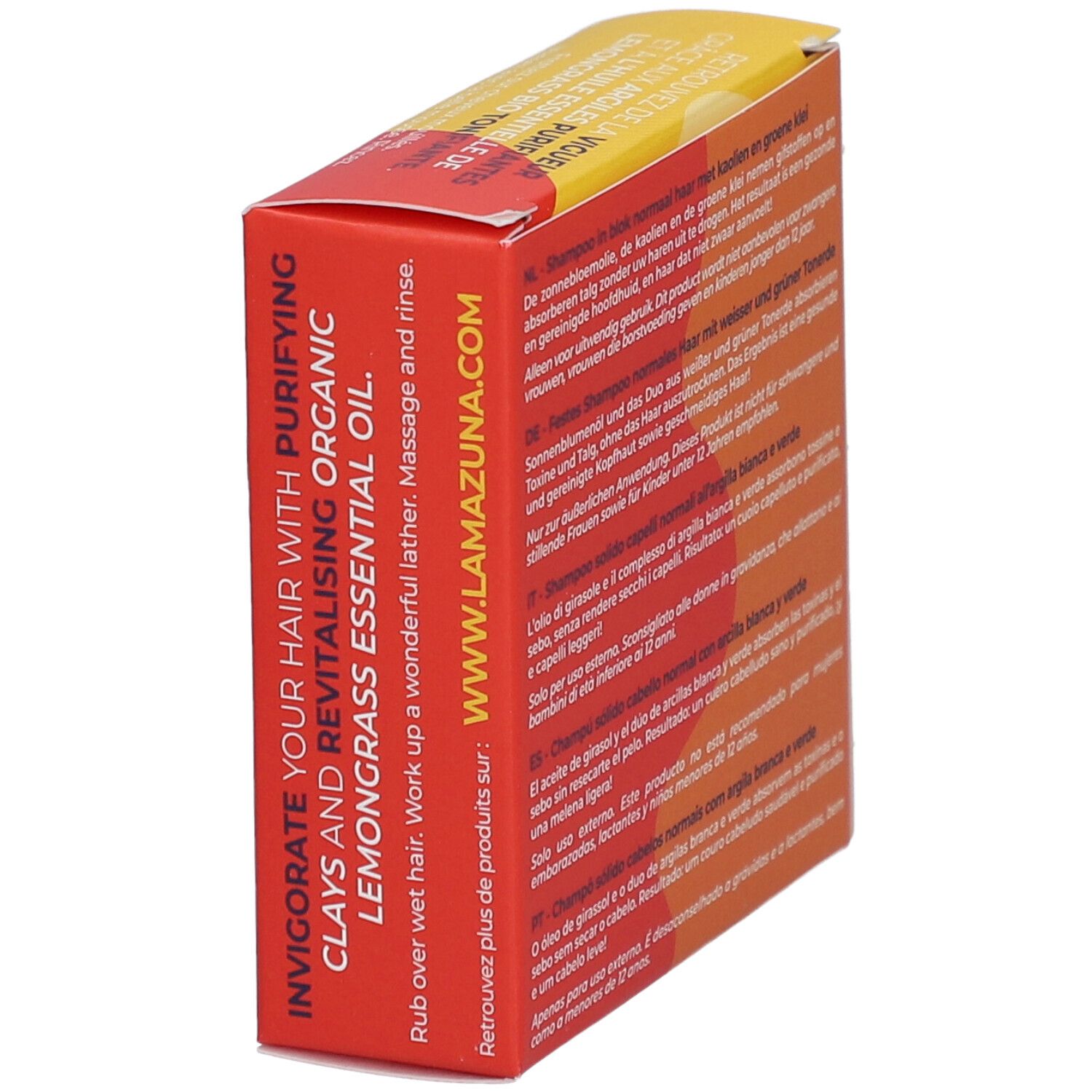 Boîte jaune et rouge. Inscription : Invigorate your hair with purifying clays and revitalising organic lemongrass essential oil.