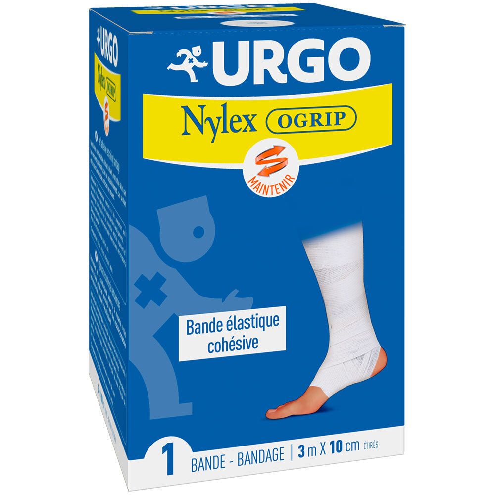 Boîte bleue et blanche. URGO Nylex OGrip. Bande élastique cohésive. 3m x 10cm. Pied bandé.