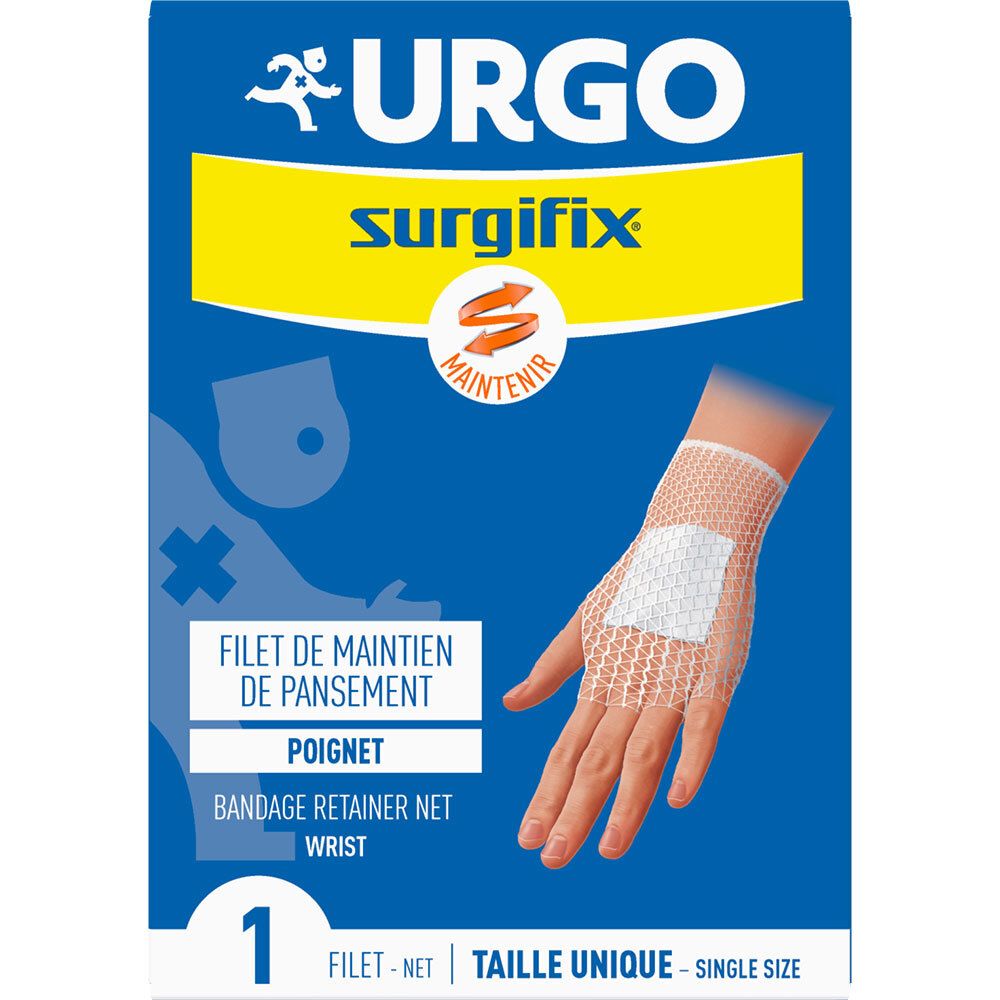 Urgo Surgifix® Filet de Maintien de pansement Poignet. Filet de maintien pour poignet. Emballage bleu avec illustration.