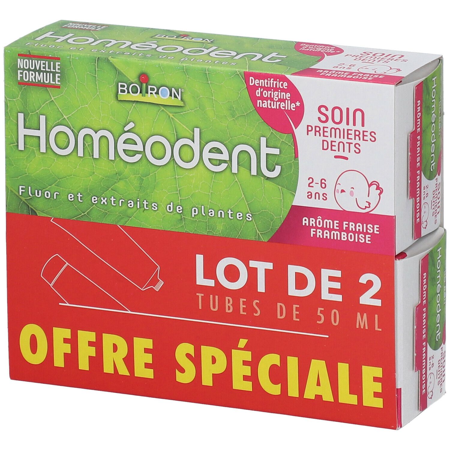 Deux boîtes de BOIRON® Homéodent. Inscription : LOT DE 2, OFFRE SPÉCIALE, Soin Premières Dents, 2-6 ans, Arôme fraise.