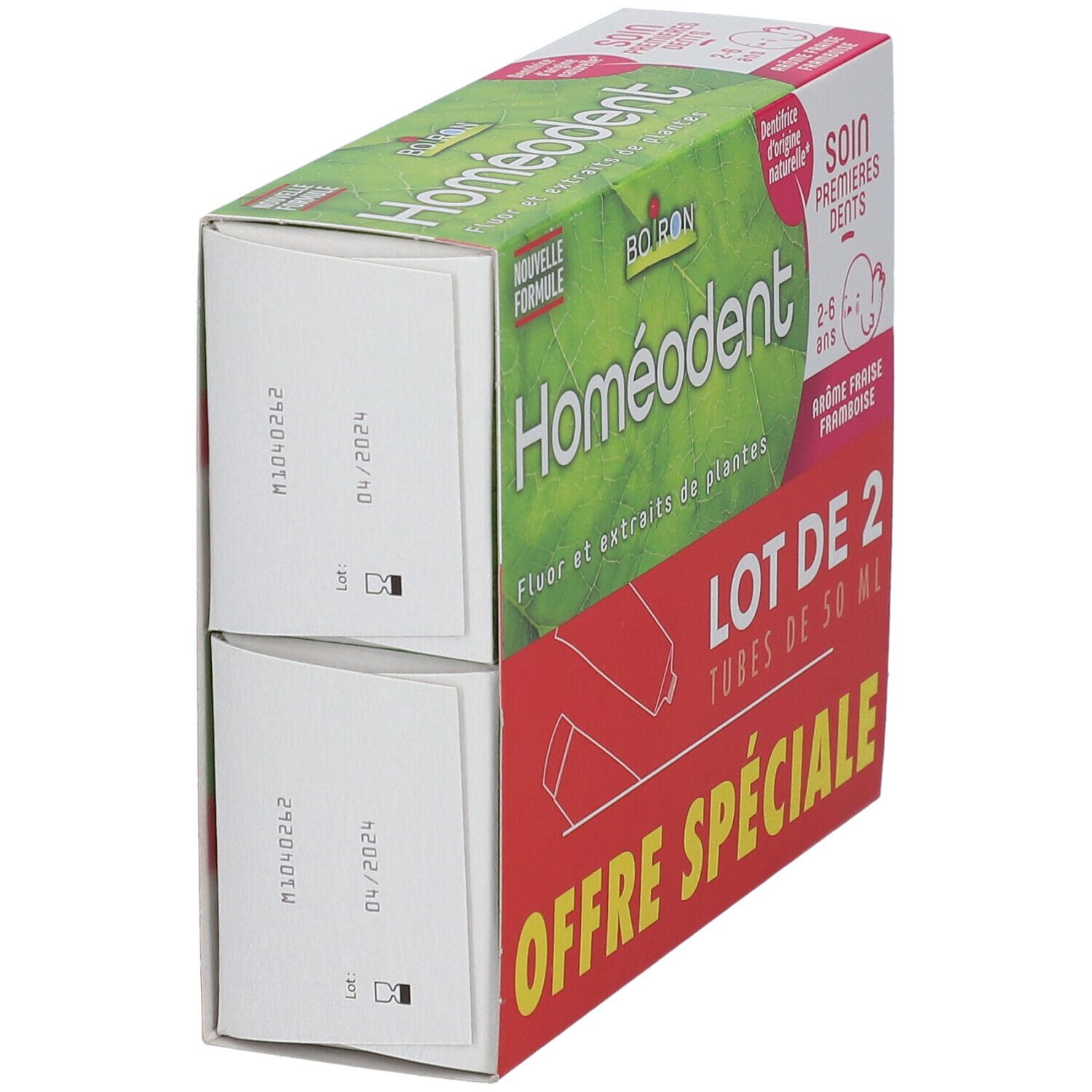 Deux boîtes BOIRON® Homéodent en biais. Inscription : LOT DE 2, OFFRE SPÉCIALE, Soin Premières Dents, 2-6 ans.