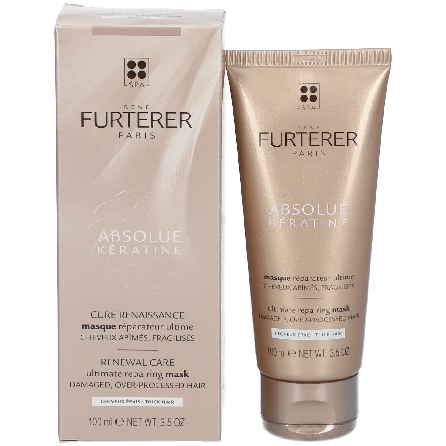 Emballage et tube. Emballage: RENE FURTERER PARIS, ABSOLUE KERATINE. Tube: doré, même inscription. 100 ml.