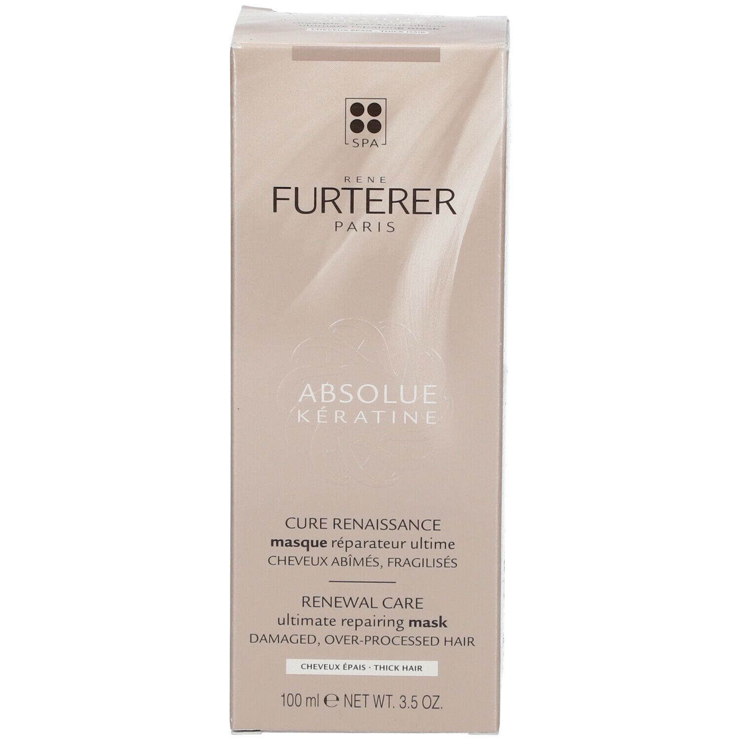 Emballage du produit. Inscription: RENE FURTERER PARIS, ABSOLUE KERATINE, Masque réparateur ultime. 100 ml. Beige doré.