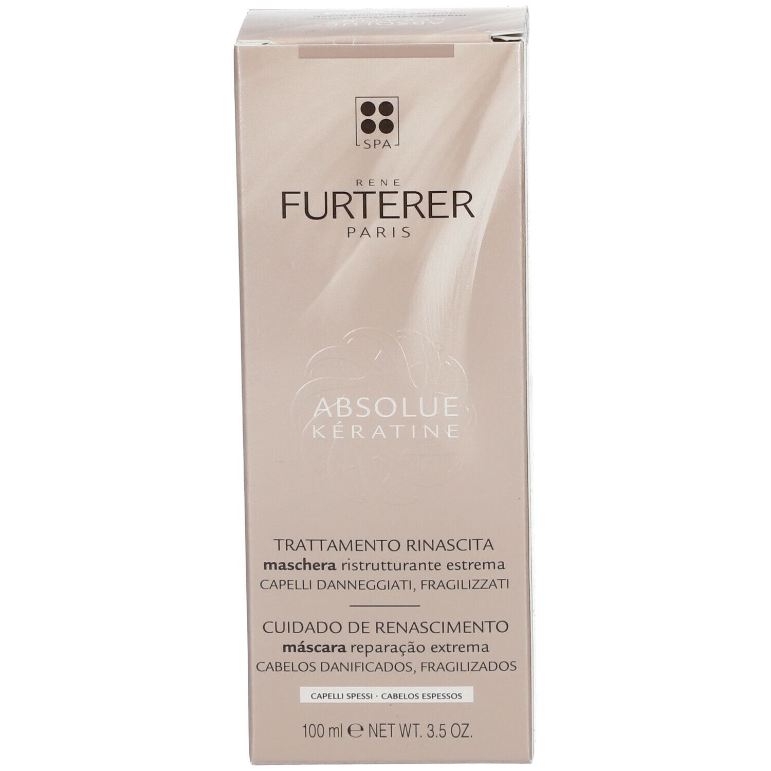 Emballage du produit. Inscription: RENE FURTERER PARIS, ABSOLUE KERATINE, Maschera ristrutturante estrema. 100 ml. Beige doré.