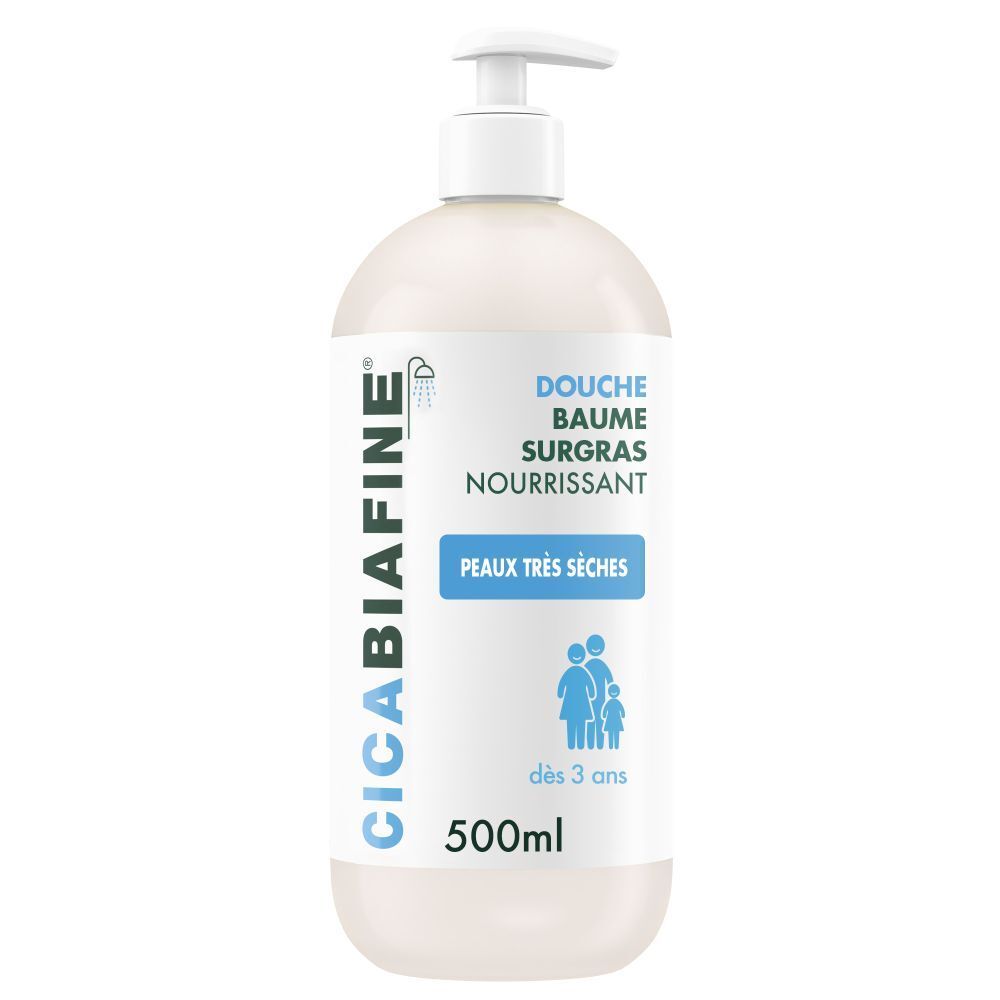 Flacon blanc avec étiquette. Texte: Douche Baume Surgras Nourrissant, Peaux très sèches. Bouchon pompe.