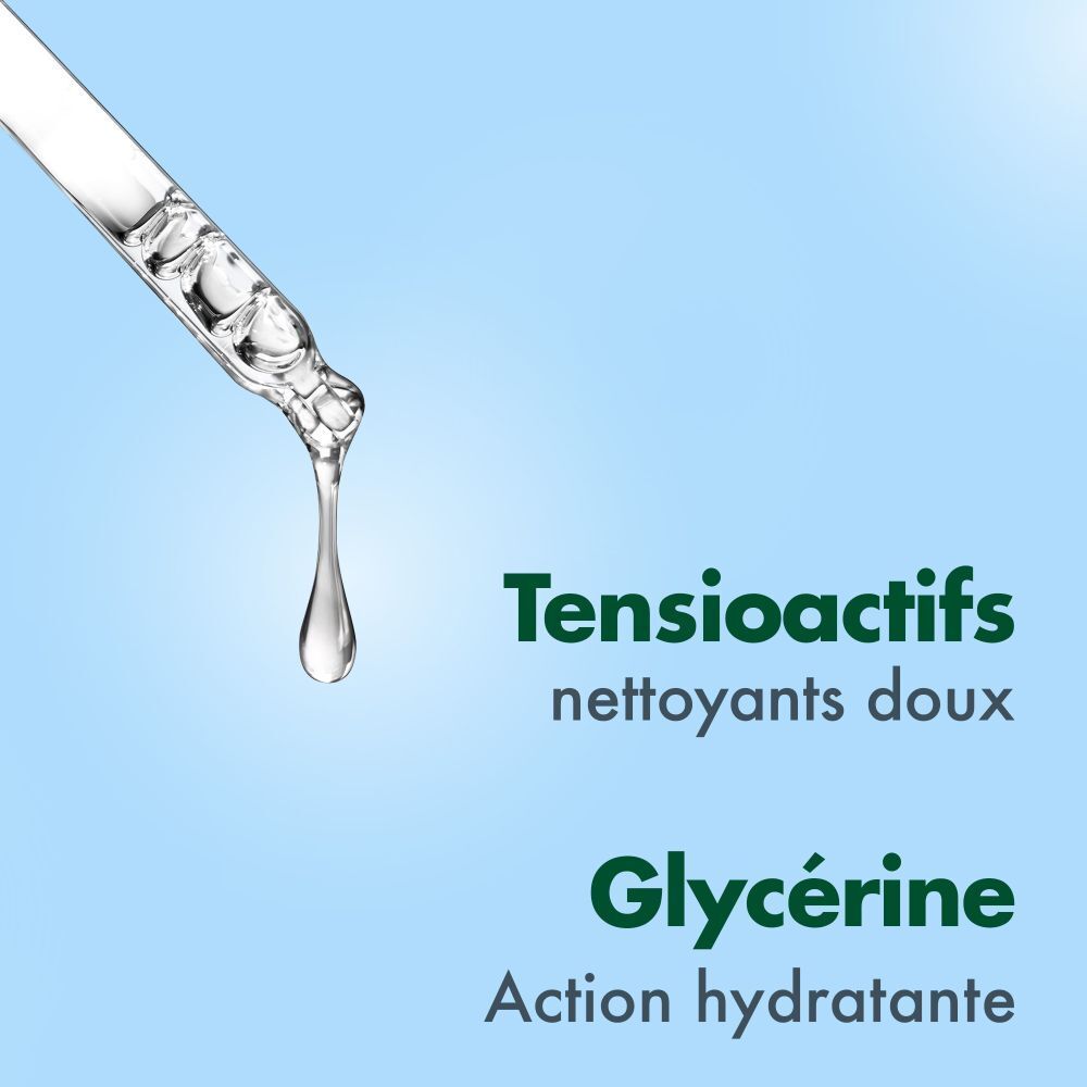 Pipette avec goutte de liquide. Texte: Tensioactifs nettoyants doux, Glycérine Action hydratante.