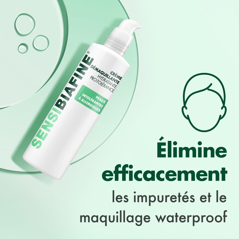 Produit nettoyant avec texte. Élimine efficacement les impuretés et le maquillage waterproof.