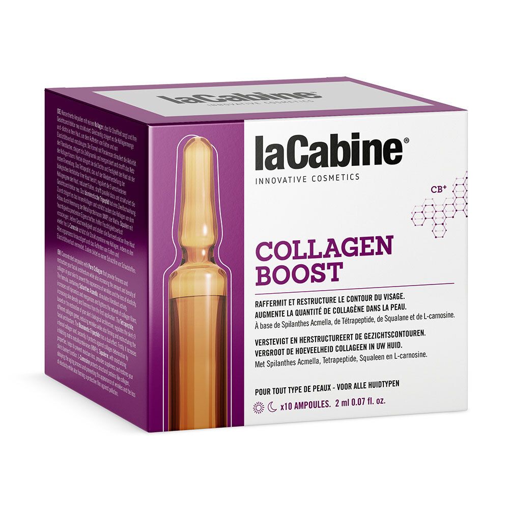 LaCabine Collagen Boost. Boîte avec ampoule. Inscription: Collagen Boost, pour tous types de peaux.