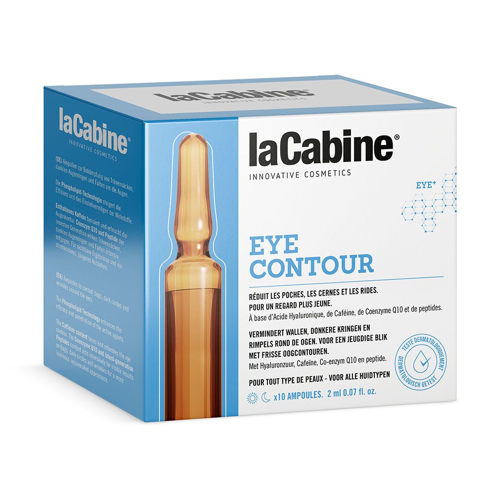 Boîte LaCabine® Eye Contour avec ampoule. Emballage bleu et blanc. Contient 10 ampoules. Texte : Eye Contour, acide hyaluronique, caféine, coenzyme Q10.