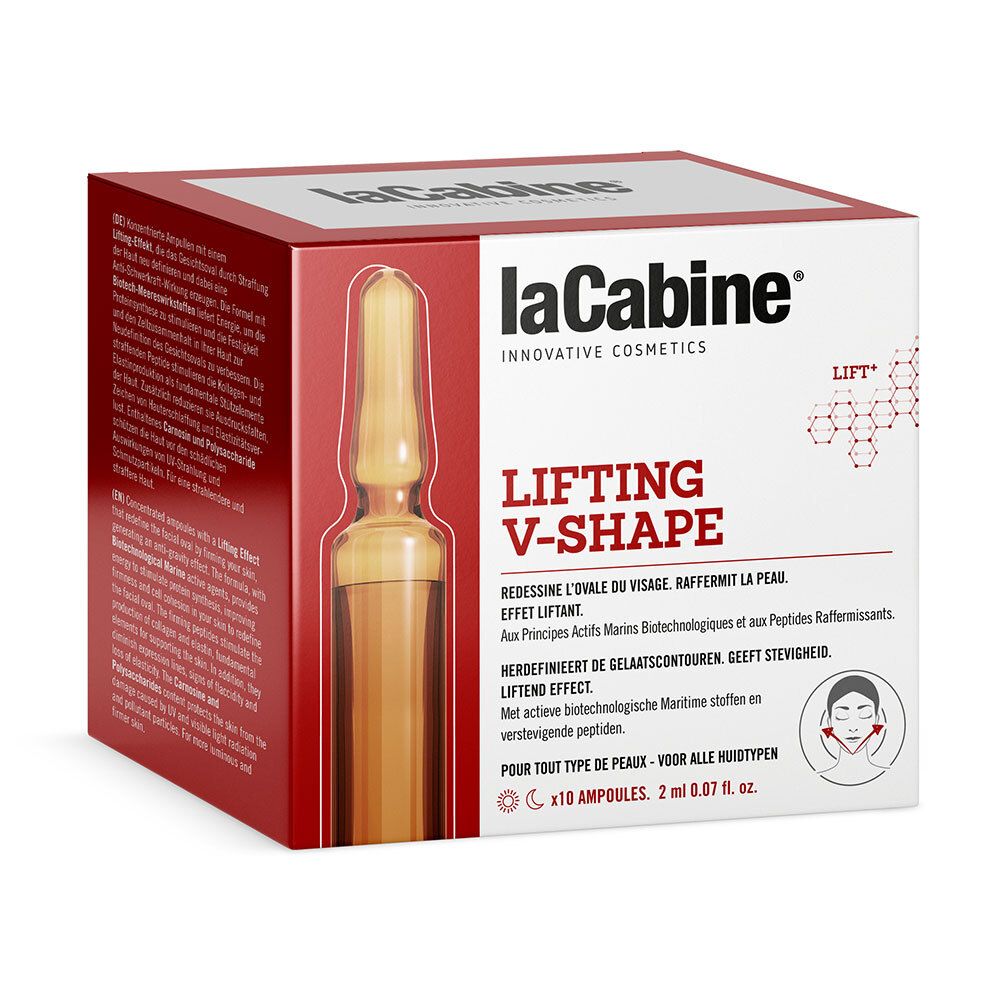 Boîte LaCabine, Lifting V-Shape. Contient 10 ampoules. Pour tous types de peaux. Ingrédients actifs et texte.