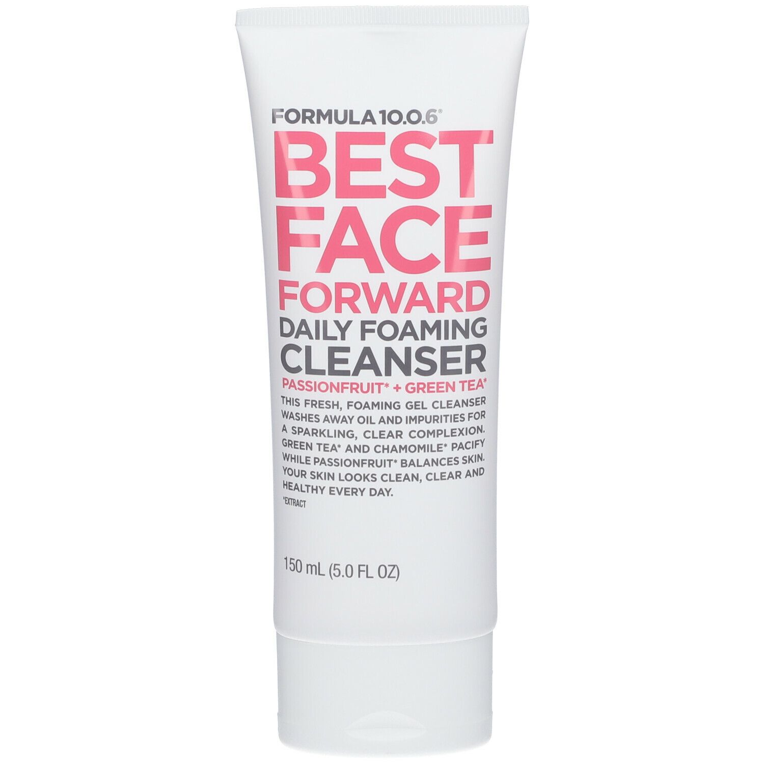 Tube blanche avec texte rose. FORMULA 10.0.6, BEST FACE FORWARD, nettoyant quotidien. 150 ml.