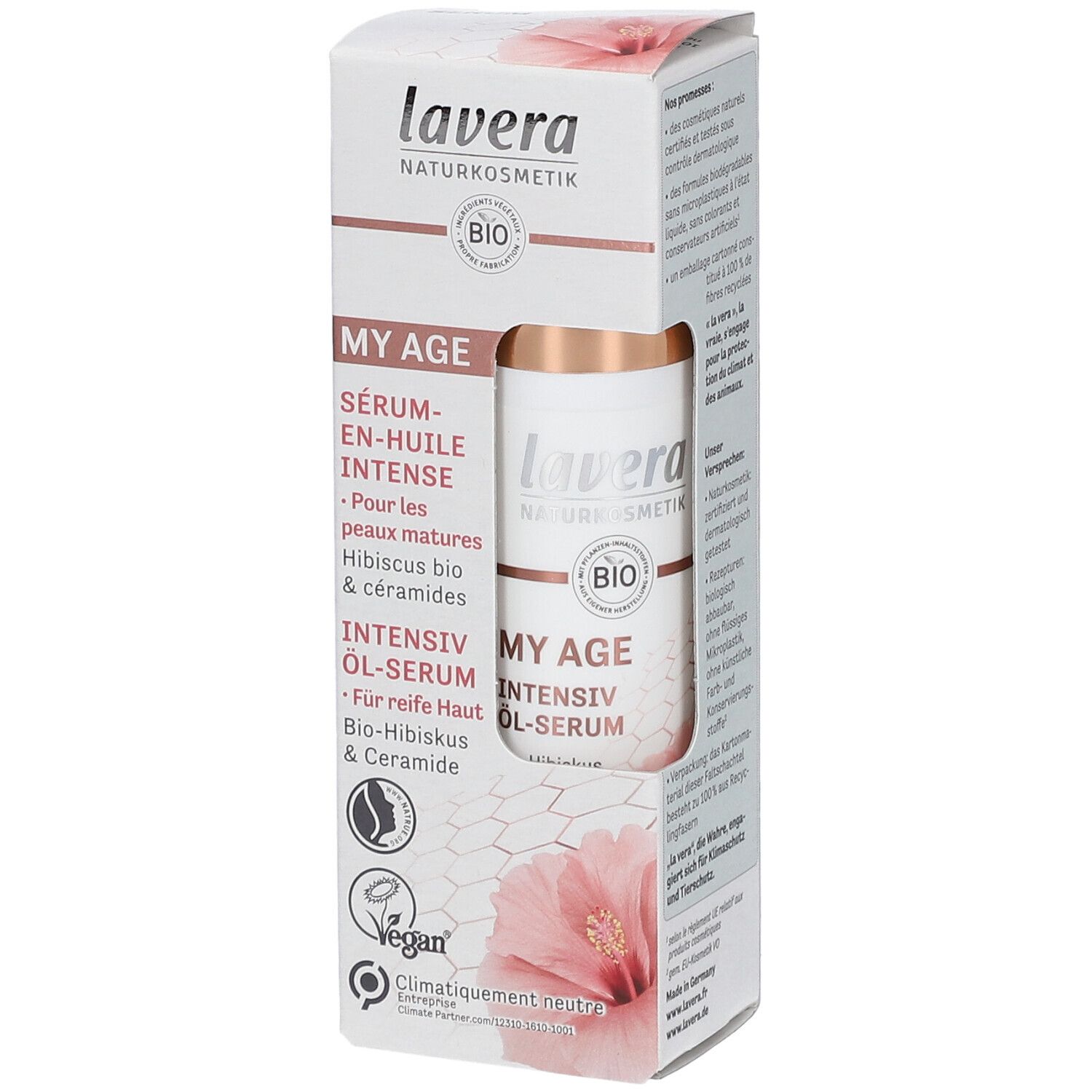 Emballage avec flacon de sérum. Inscription: lavera, MY AGE, Sérum-en-huile intense. Label bio, logo vegan.