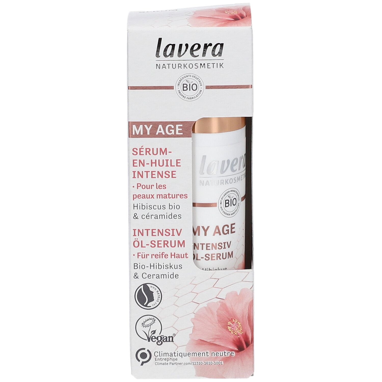 Emballage avec flacon de sérum. Inscription: lavera, MY AGE, Sérum-en-huile intense. Label bio, logo vegan.