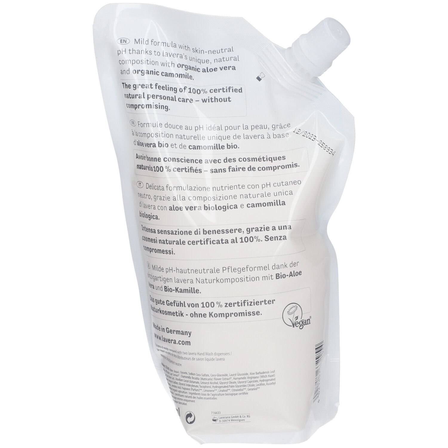 Dos de la recharge. Informations textuelles multilingues. Label vegan. Informations fabricant.