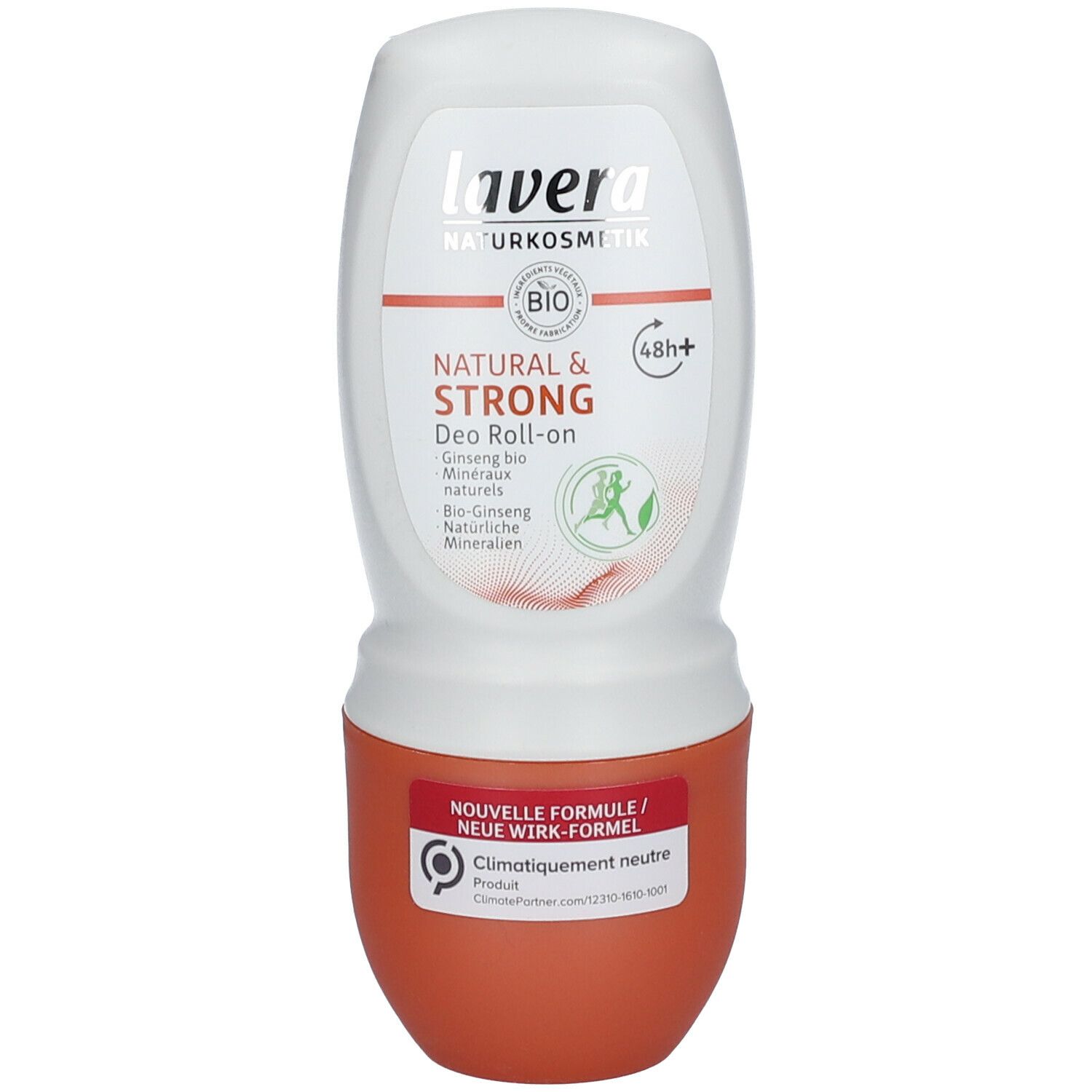 Roll-on déodorant blanc et orange. Inscriptions: NATURAL & STRONG, label BIO, 48h+. Visible: lavera Naturkosmetik.