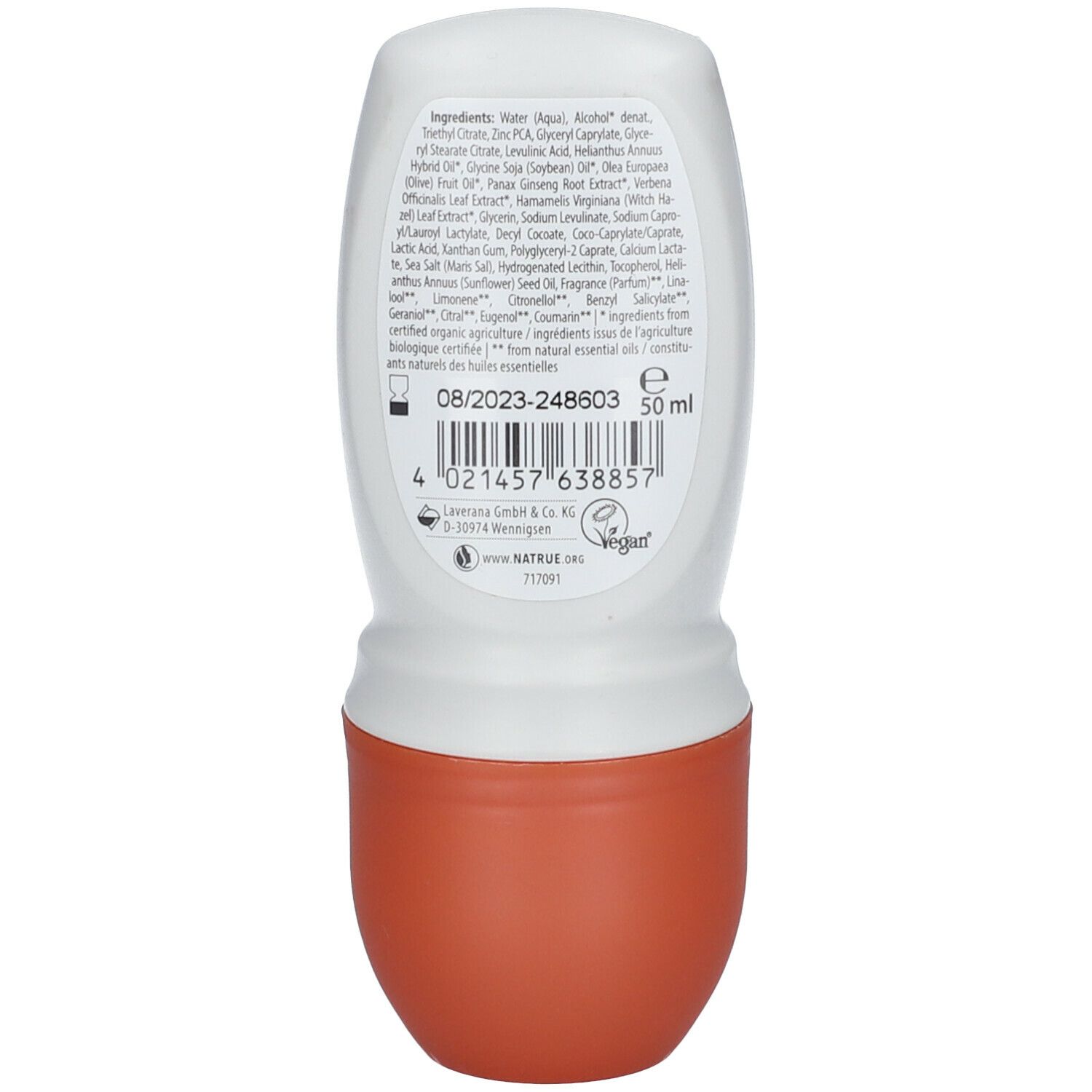 Dos du roll-on déodorant. Contient des ingrédients et le label Vegan. Imprimé: 50 ml, numéro de lot, label Natrue.