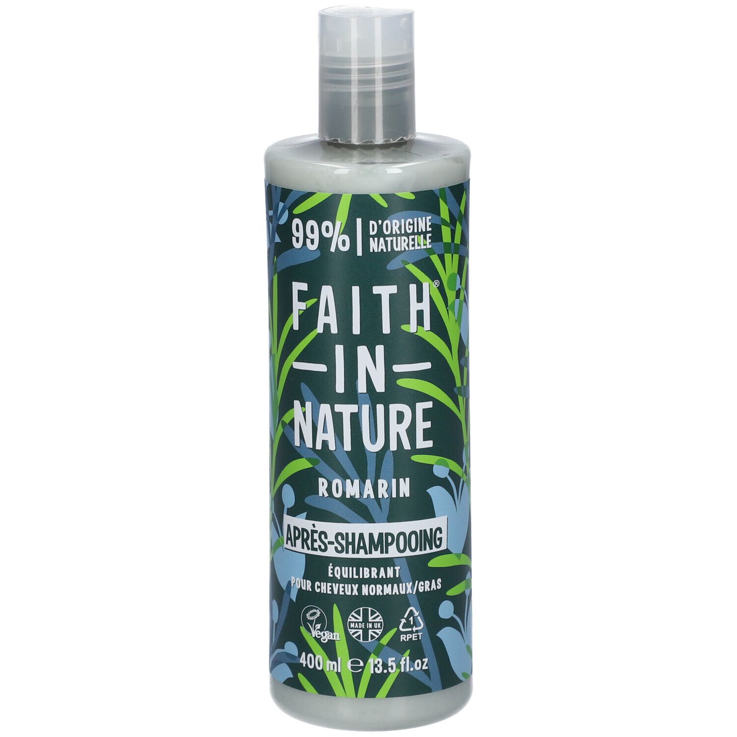 Flacon avec étiquette verte. Inscription: FAITH IN NATURE, Romarin, Après-Shampooing. 99% d'origine naturelle. Vegan.