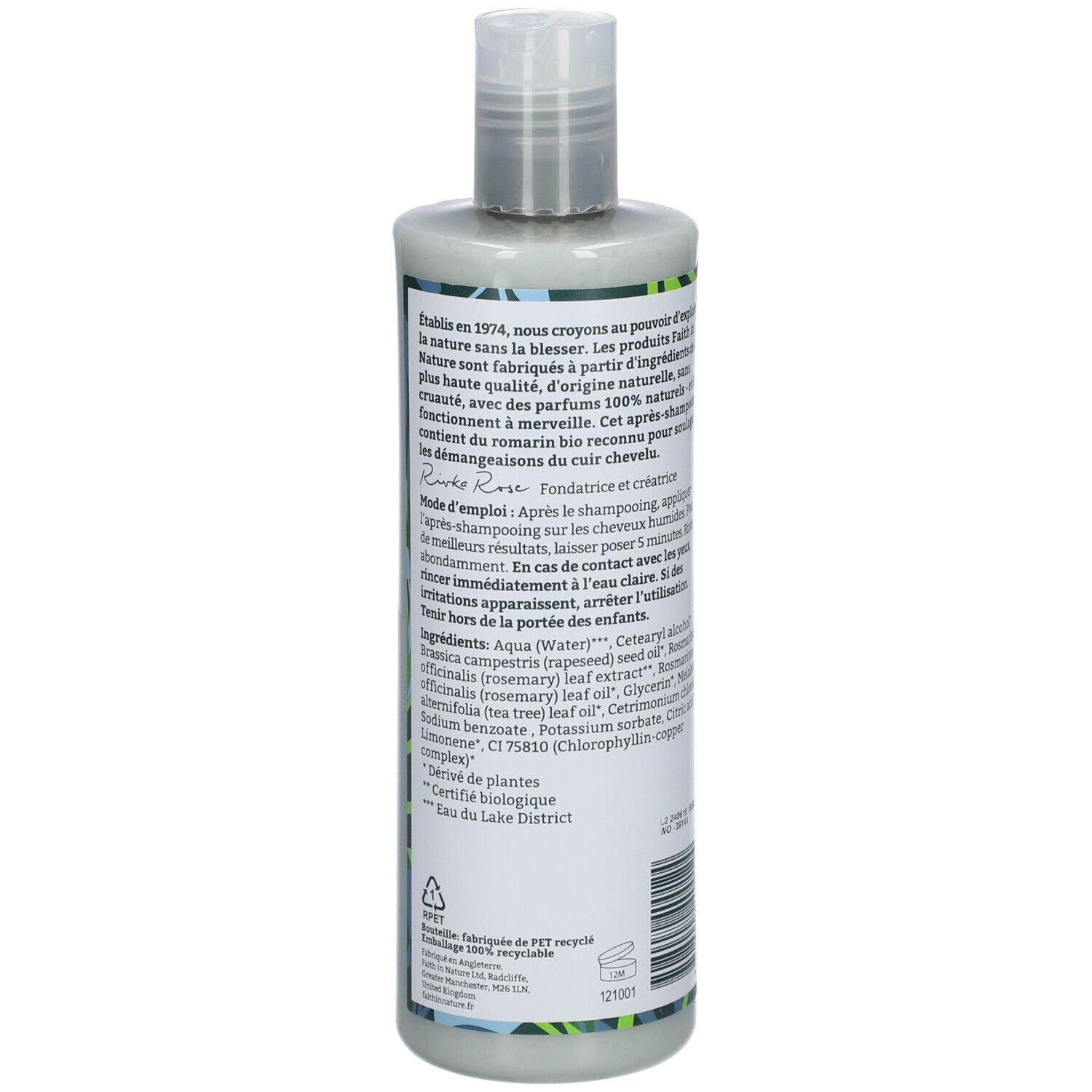 Dos du flacon. Texte: ingrédients, mode d'emploi. Inscription: FAITH IN NATURE. Logo vegan. 400ml.