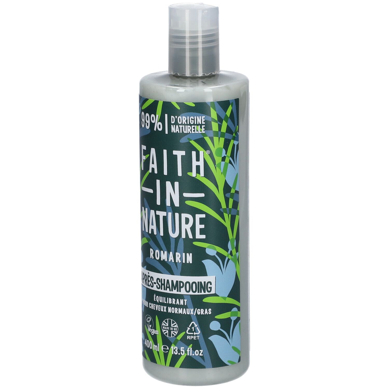 Flacon avec étiquette verte. Inscription: FAITH IN NATURE, Romarin, Après-Shampooing. 99% d'origine naturelle. Vegan.