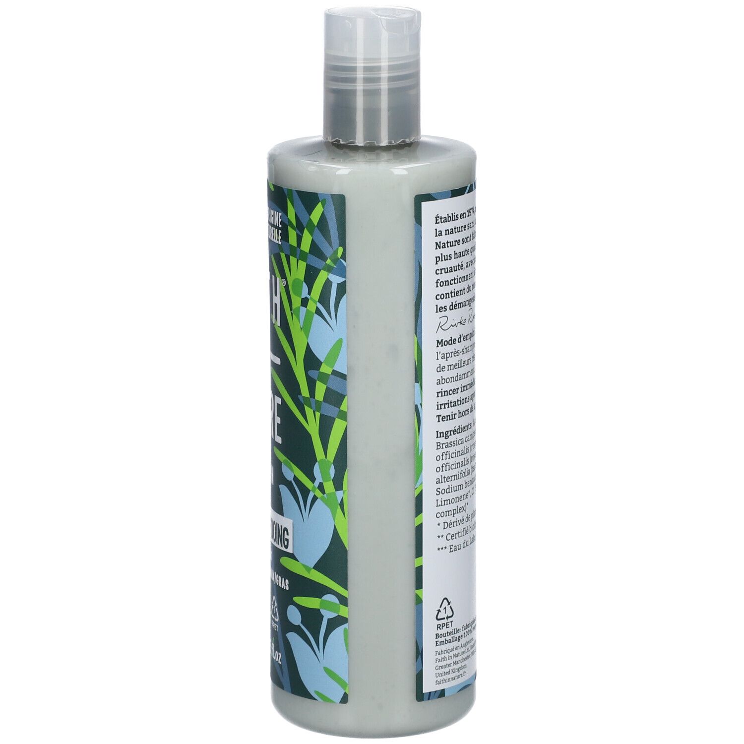 Dos du flacon. Texte: ingrédients, mode d'emploi. Inscription: FAITH IN NATURE. Logo vegan. 400ml.