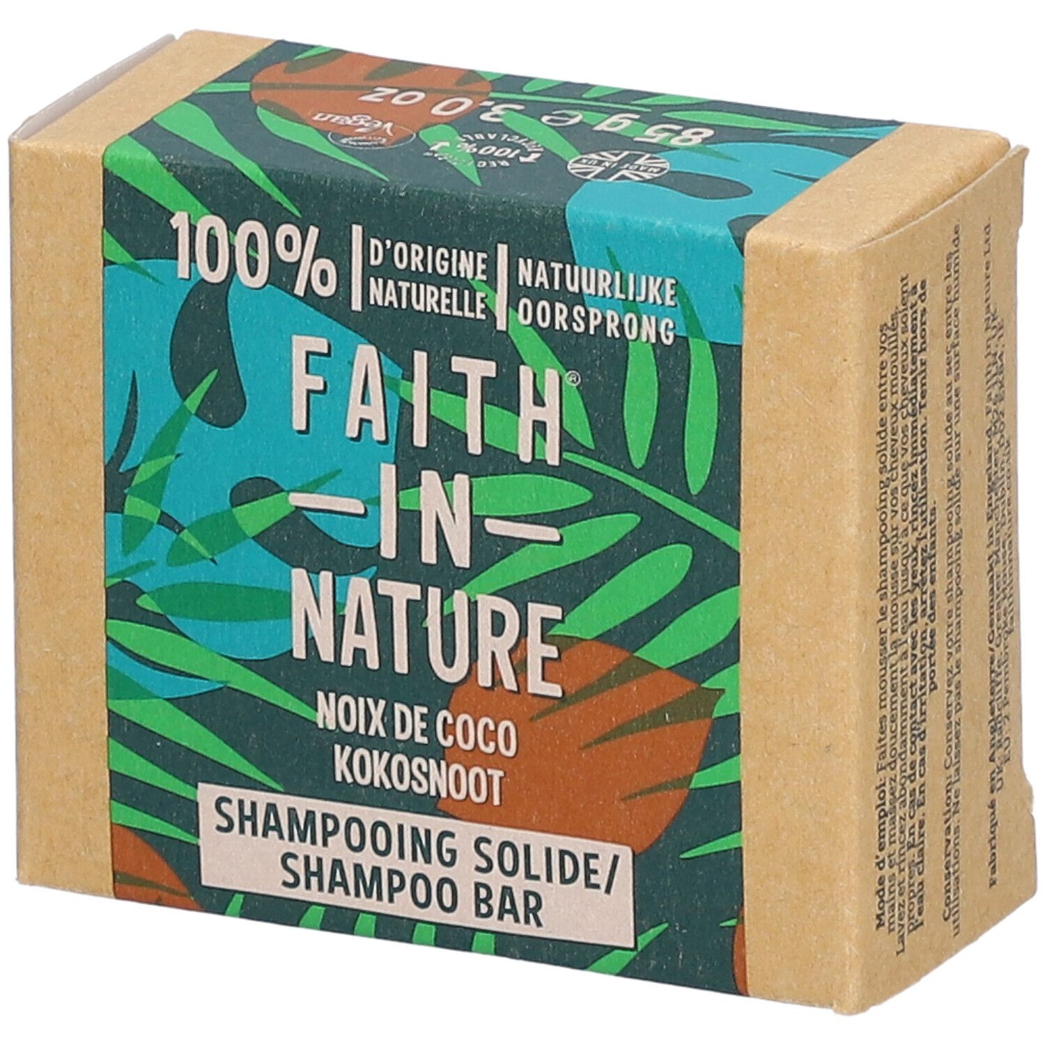 Emballage en carton avec impression verte. Inscription : FAITH IN NATURE, barre de shampooing à la noix de coco. Label végétalien.