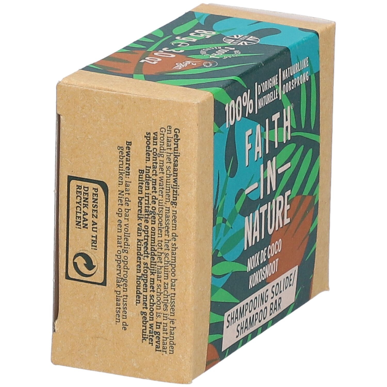 Emballage en carton, en biais d'en haut. Impression : FAITH IN NATURE, barre de shampooing à la noix de coco. Design vert-brun.