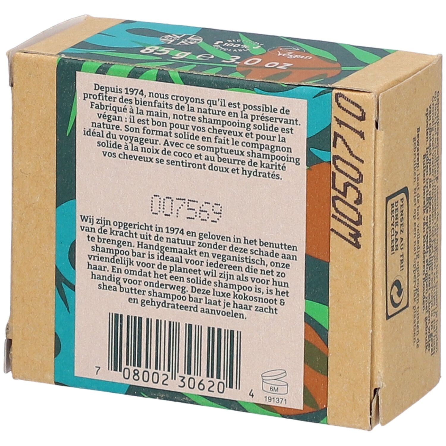 Dos de l'emballage en carton. Texte : FAITH IN NATURE, barre de shampooing à la noix de coco. Code-barres et informations.