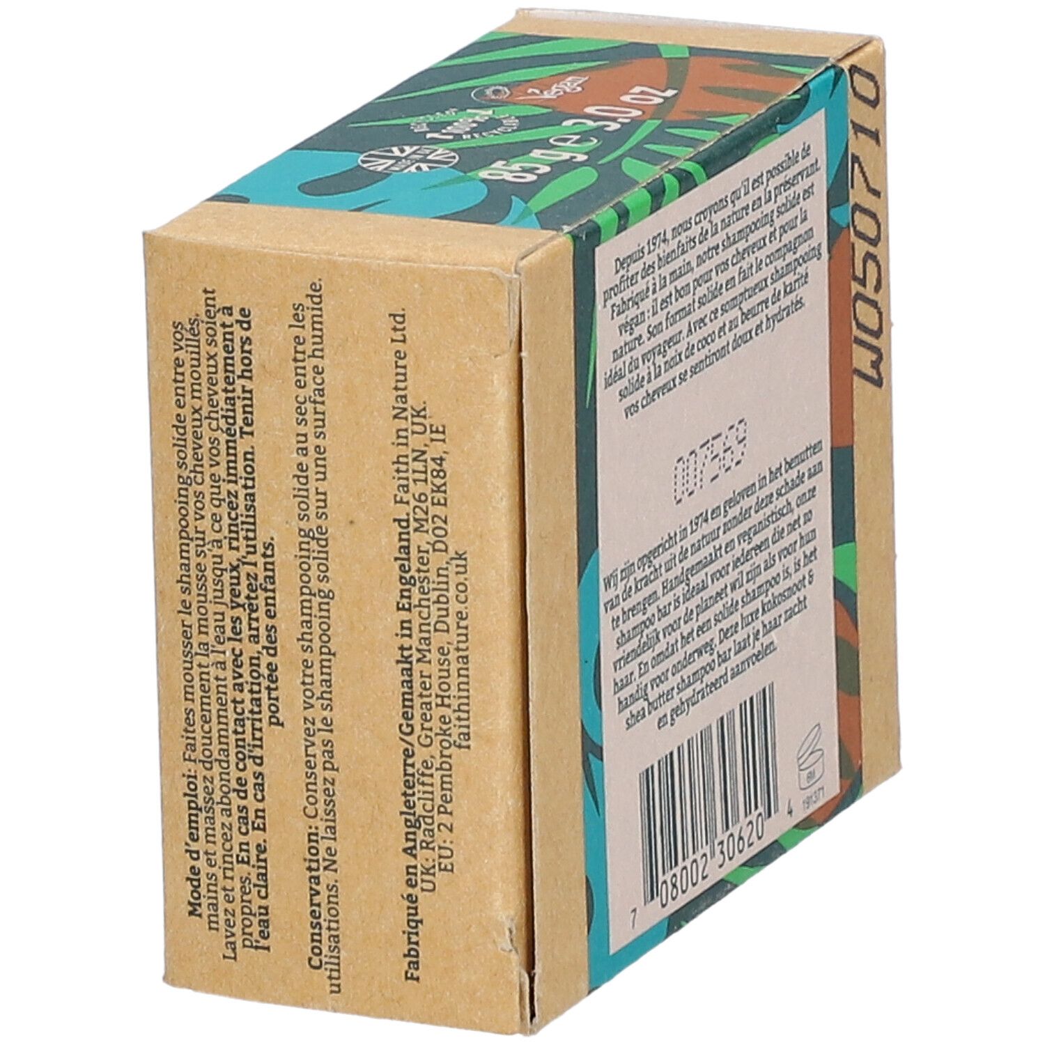 Emballage en carton, en biais d'en haut. Texte : FAITH IN NATURE, barre de shampooing à la noix de coco. Code-barres et informations.