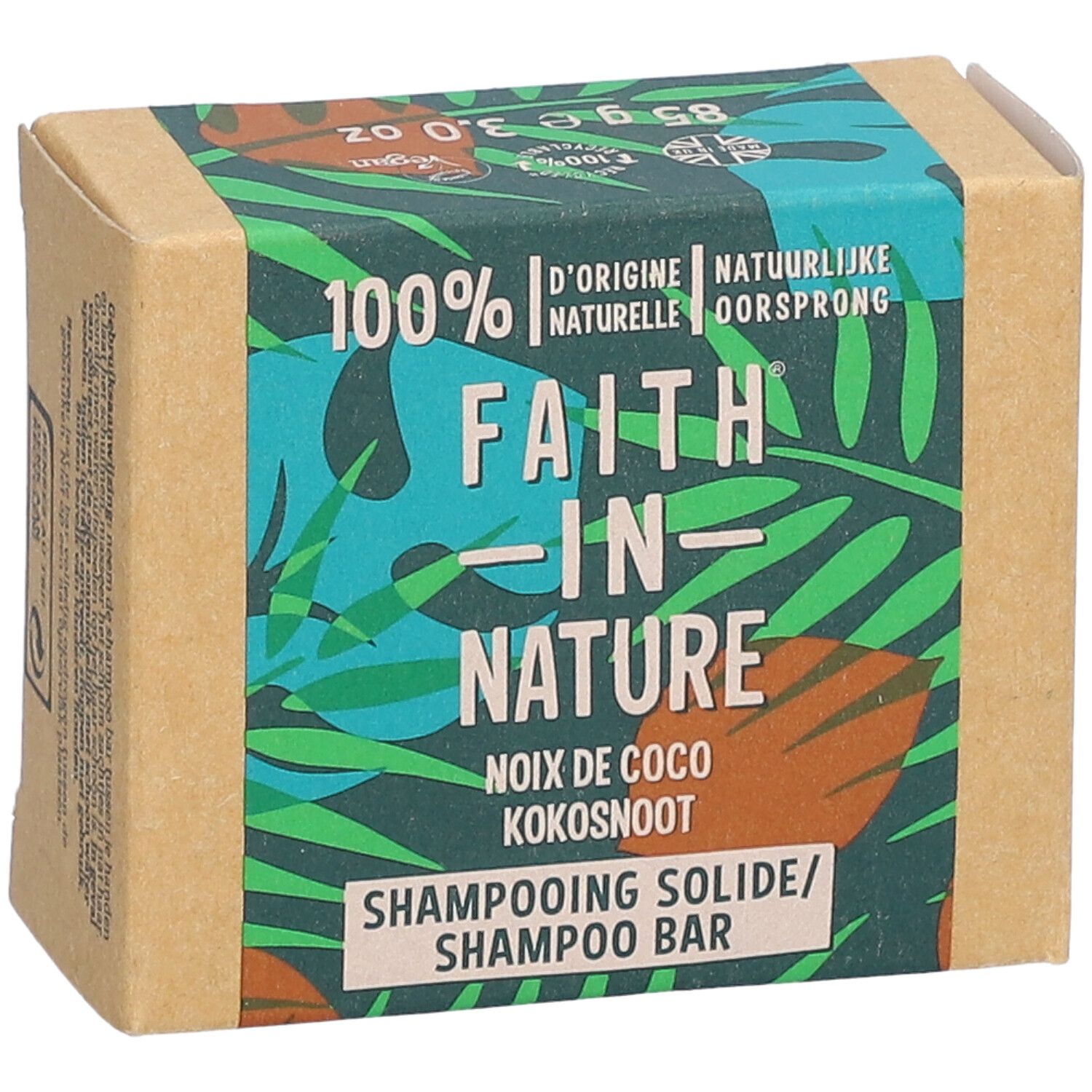 Emballage en carton avec impression verte. Inscription : FAITH IN NATURE, barre de shampooing à la noix de coco. Label végétalien.