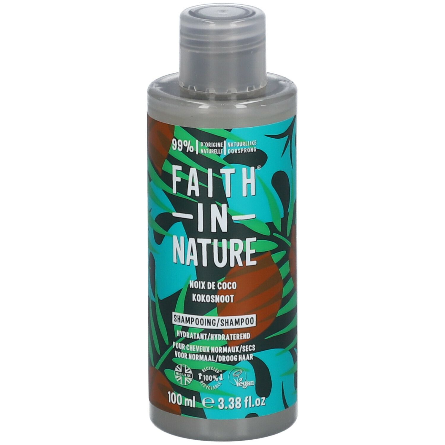 Flacon de shampooing avec motif noix de coco. Inscription : FAITH IN NATURE, noix de coco, 100 ml, vegan.