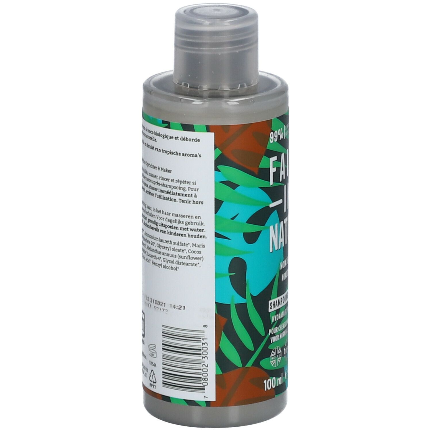 Dos du flacon de shampooing. Texte multilingue. Code-barres et informations de fabrication.