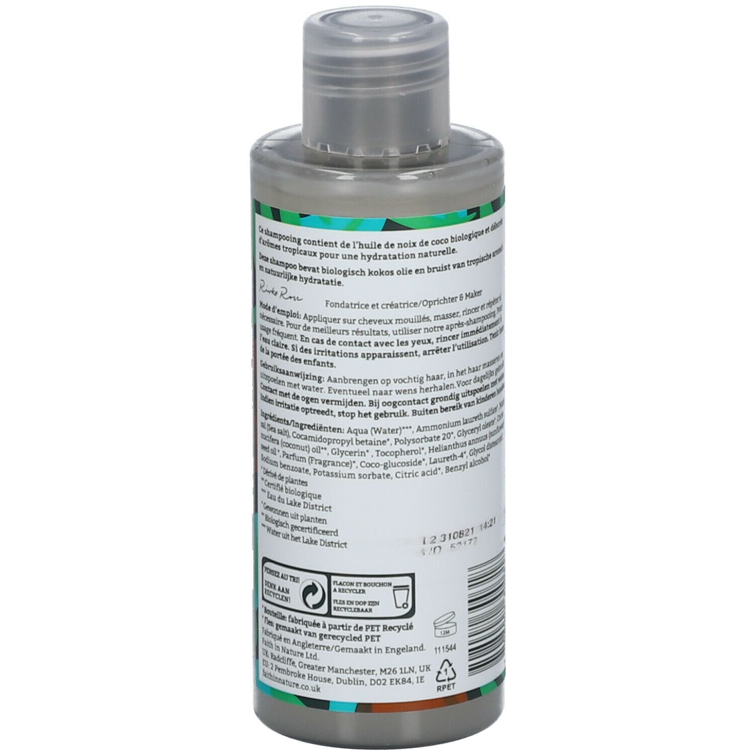 Dos du flacon de shampooing. Texte multilingue. Informations sur les ingrédients et certifications.