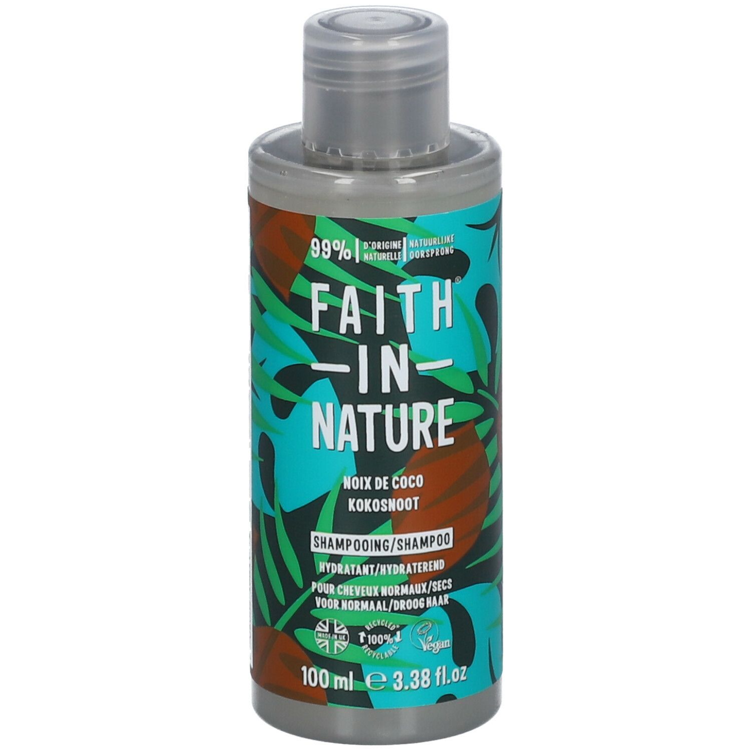 Flacon de shampooing avec motif noix de coco. Inscription : FAITH IN NATURE, noix de coco, 100 ml, vegan.