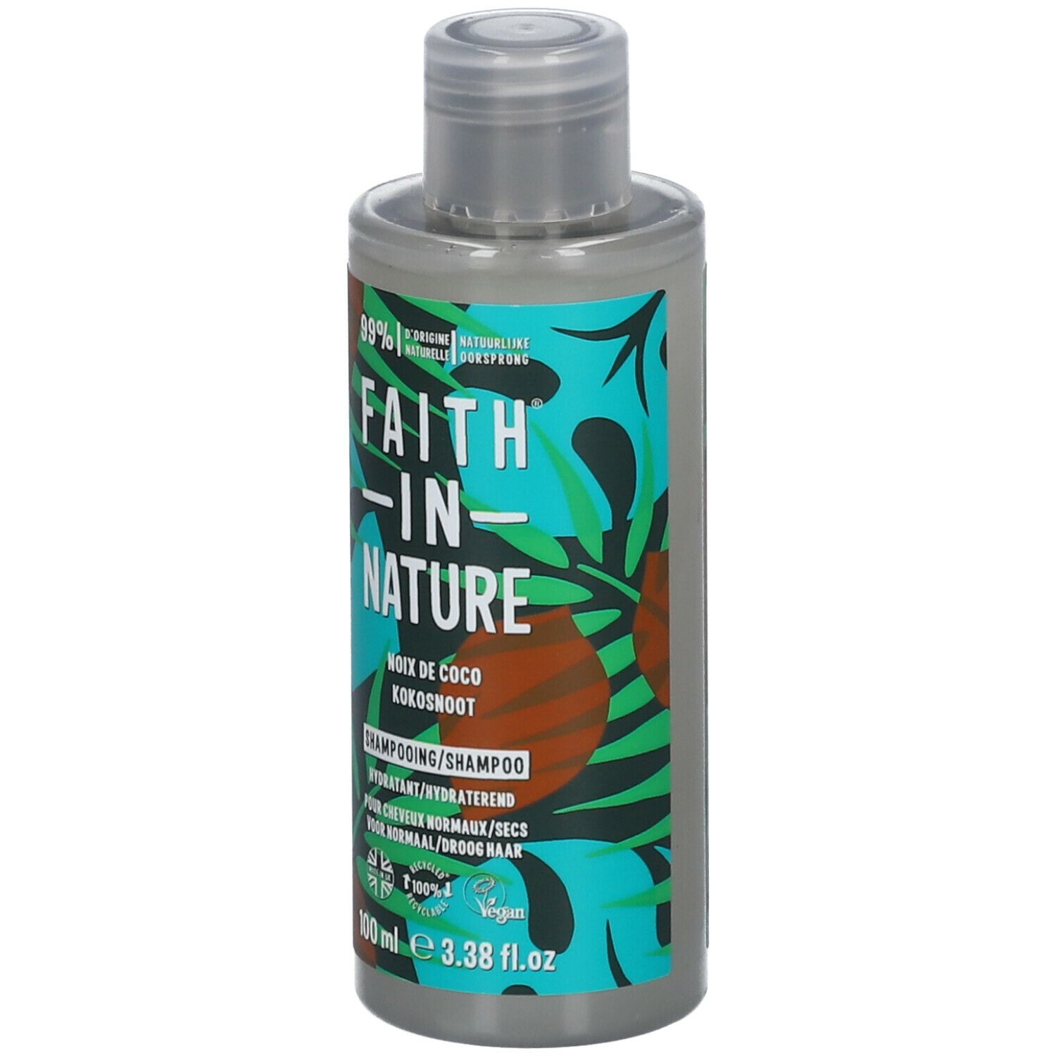 Flacon de shampooing avec motif noix de coco. Inscription : FAITH IN NATURE, noix de coco, 100 ml, vegan.