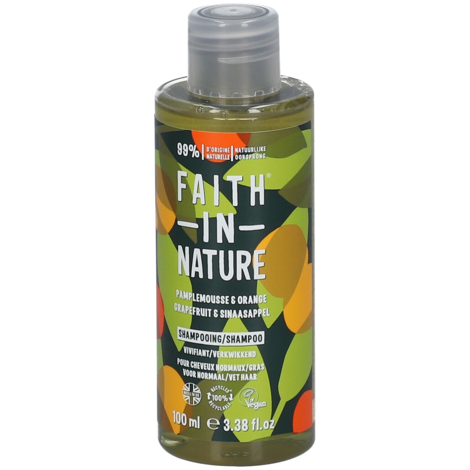 Flacon de shampooing FAITH IN NATURE. Inscription : Pamplemousse & Orange. 99% d'origine naturelle. Vegan.
