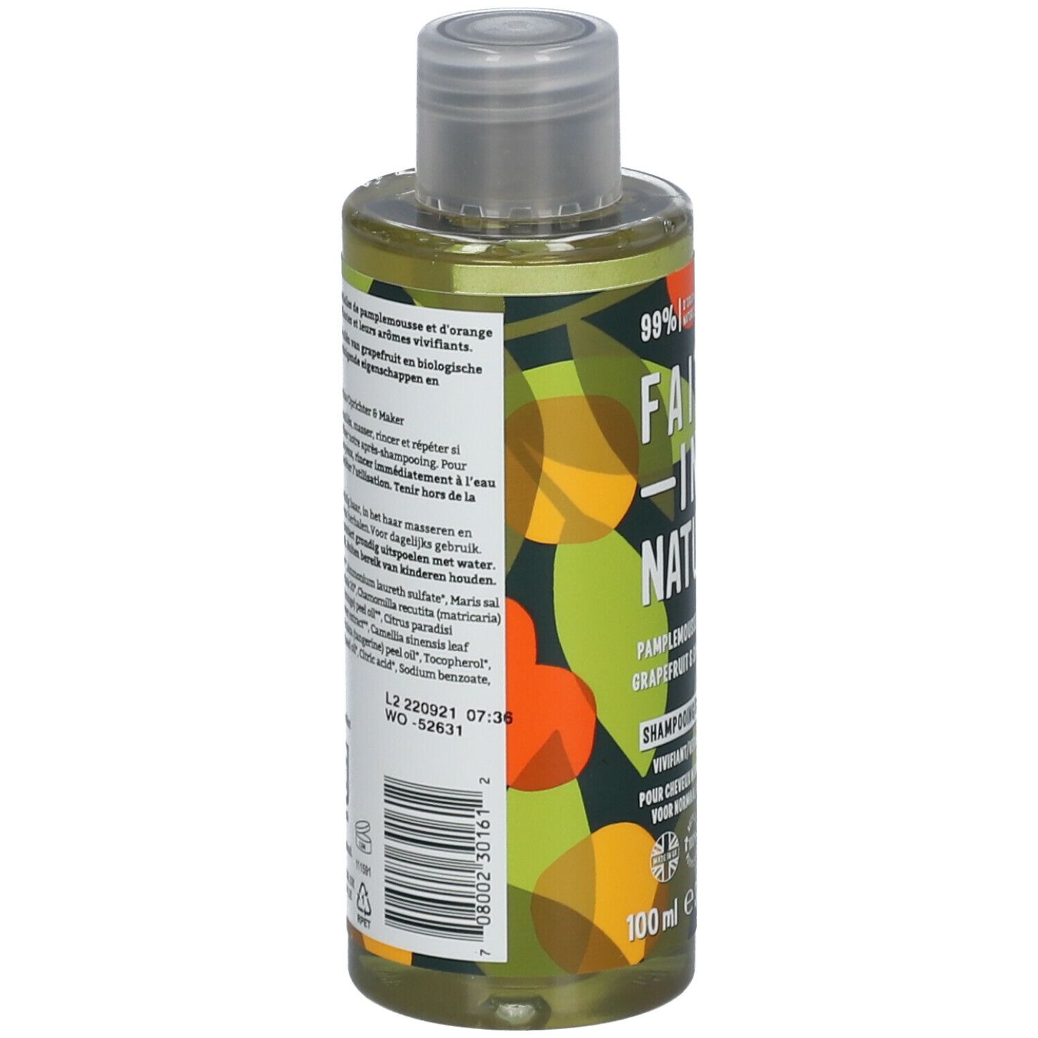 Dos du flacon de shampooing. Texte : ingrédients, mode d'emploi. FAITH IN NATURE. 100% naturel. Vegan.