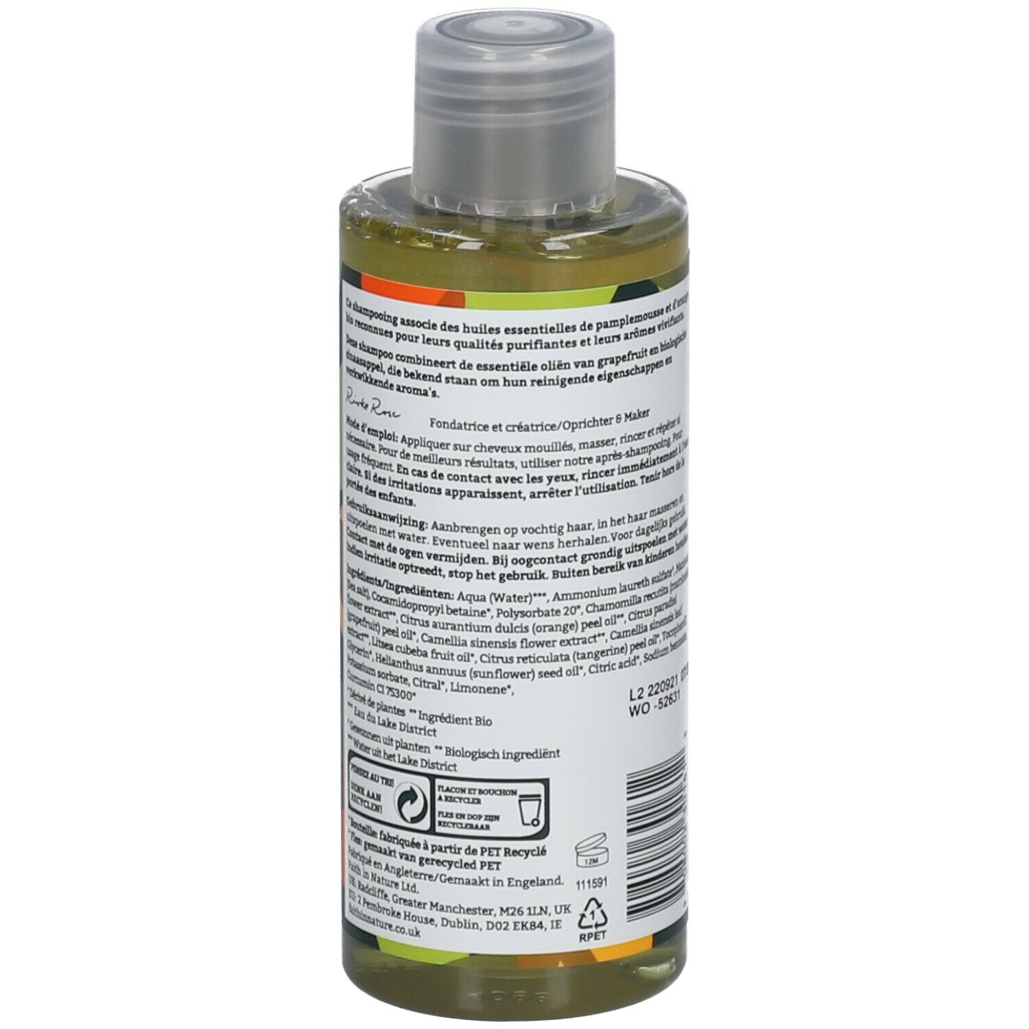 Dos du flacon de shampooing. Texte : ingrédients, mode d'emploi. FAITH IN NATURE. Vegan. Recyclable.