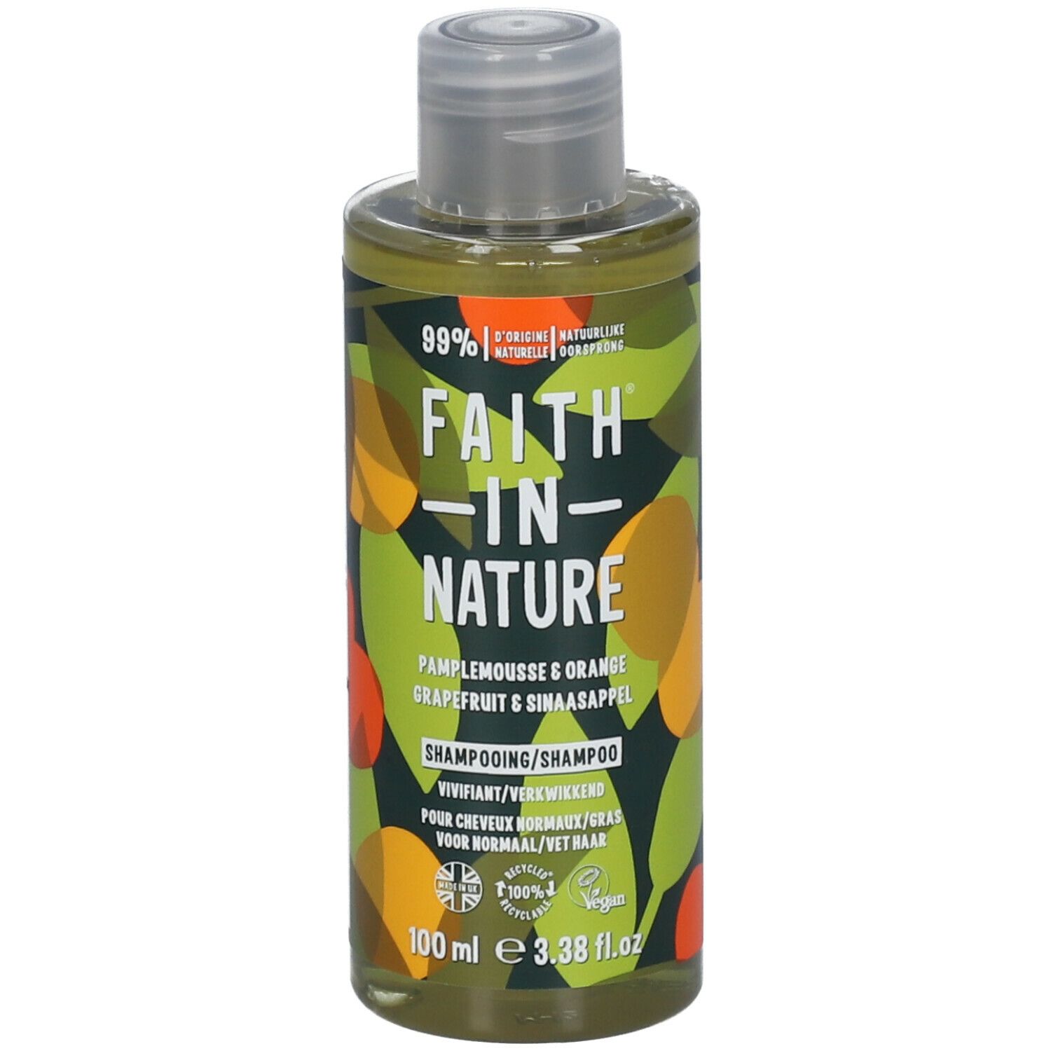 Flacon de shampooing FAITH IN NATURE. Inscription : Pamplemousse & Orange. 99% d'origine naturelle. Vegan.
