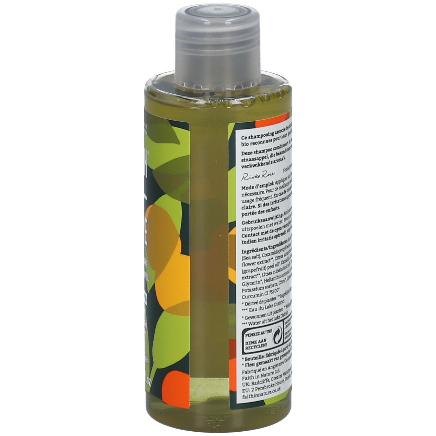 Dos du flacon de shampooing. Texte : ingrédients, mode d'emploi. FAITH IN NATURE. Vegan. Recyclable.