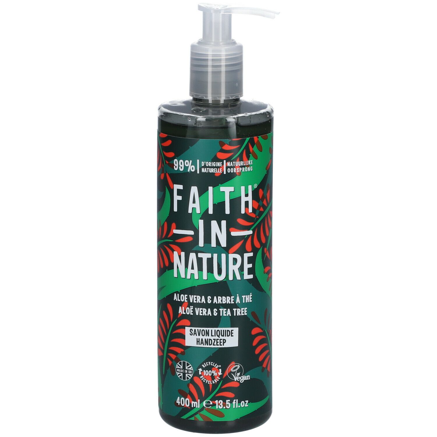 Savon liquide avec pompe. Bouteille verte à motifs floraux. Texte : Faith in Nature, Aloe Vera & Tea Tree, 400ml.