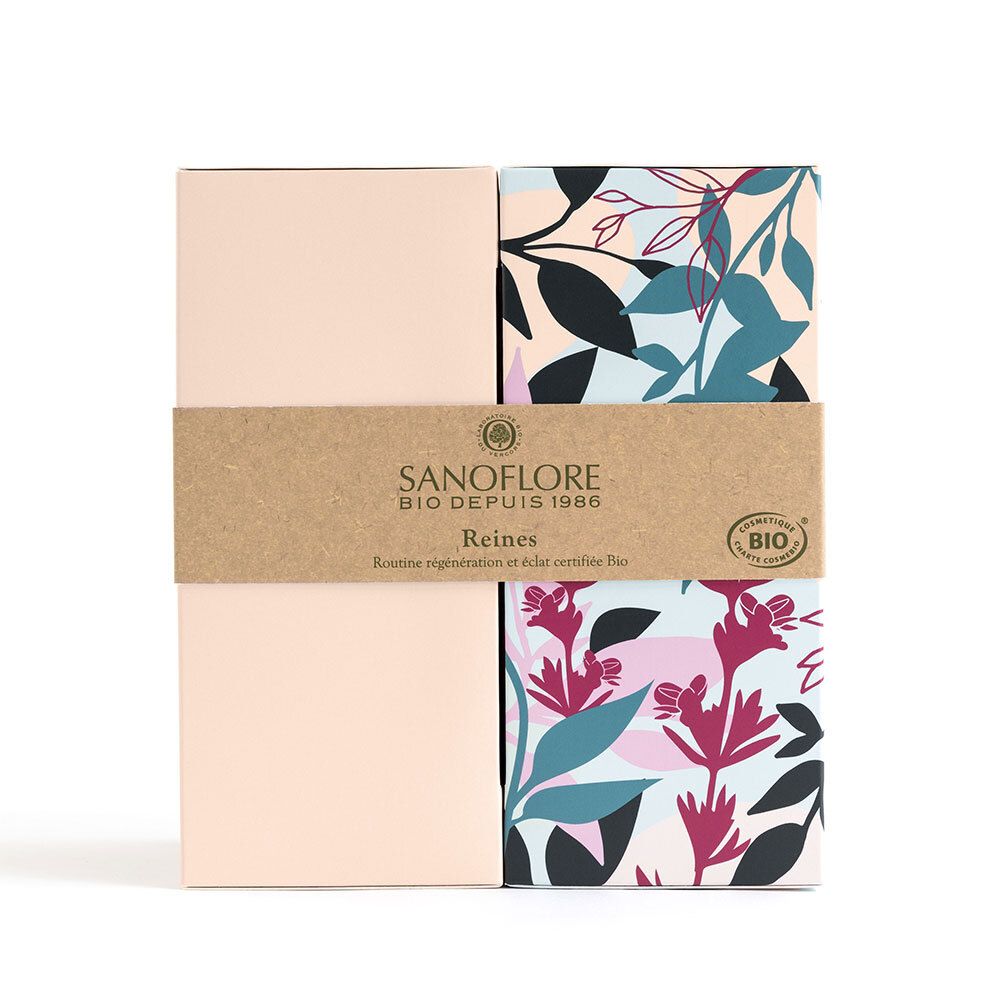 Coffret cadeau SANOFLORE. Boîte rose et marron avec motifs floraux. Label bio. Contient deux produits.
