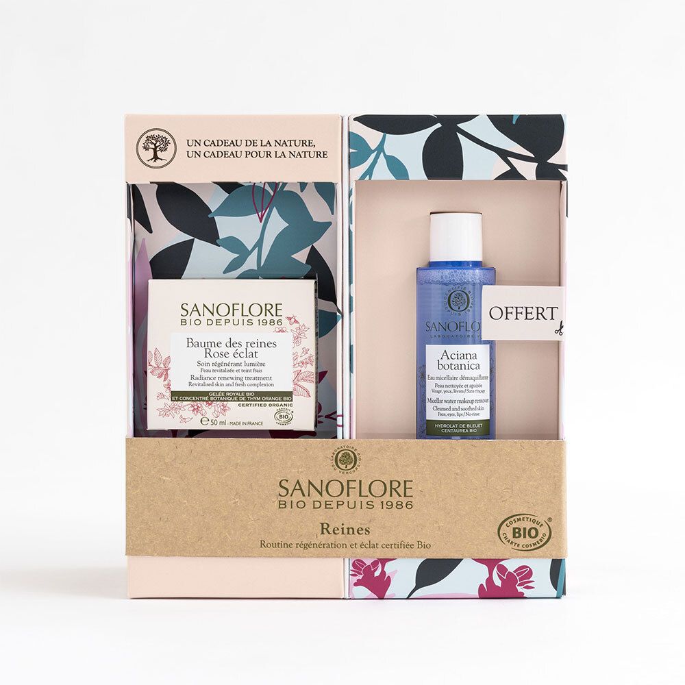 Coffret cadeau SANOFLORE. Crème et eau micellaire. Emballage fleuri. Label bio. Offre spéciale.