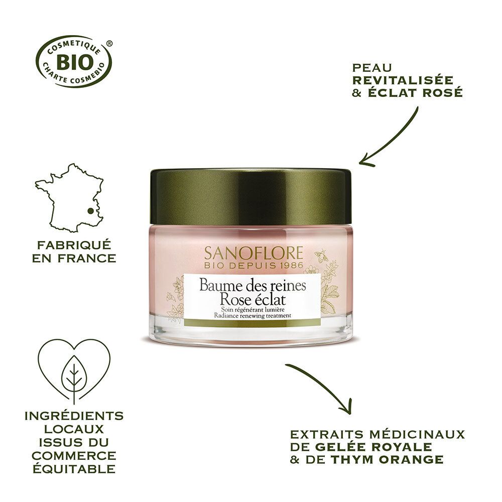 Crème en pot. SANOFLORE, Baume des reines Rose éclat. Certifié bio. Fabriqué en France.
